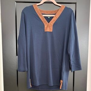 Women’s Ralph Lauren Navy 3/4 Sleeves Top w/Brown V-Neck Suede. Size 1X